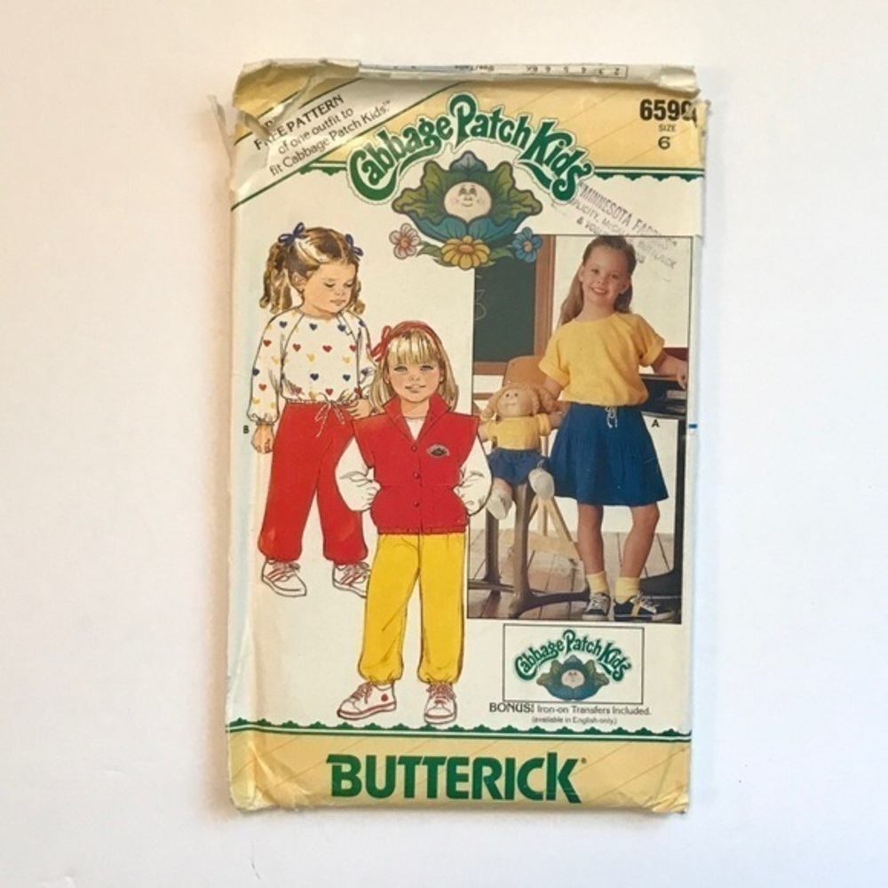Vintage UNCUT Butterick Cabbage Patch Kids Pattern 6590 Size 6 New w/ Transfers